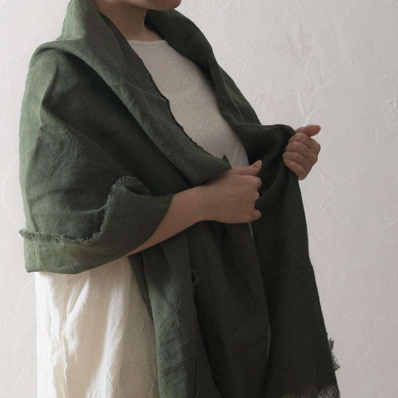 Brushed Fabric 100% Linen Shawl - Green